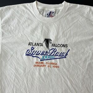 Vintage Atlanta Falcons Super Bowl XXXIII Football TShirt 1999 Size L White NFL